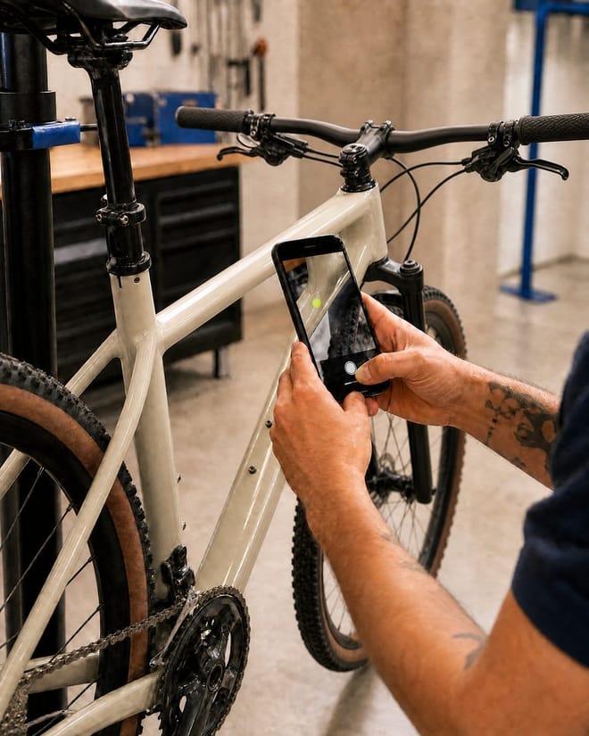 Mecânico fotografando com o celular o estado de entrada de uma bicicleta na oficina