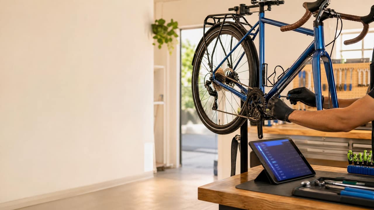 Mecânico ajustando a transmissão de uma bicicleta no cavalete, com um tablet aberto na bancada ao lado